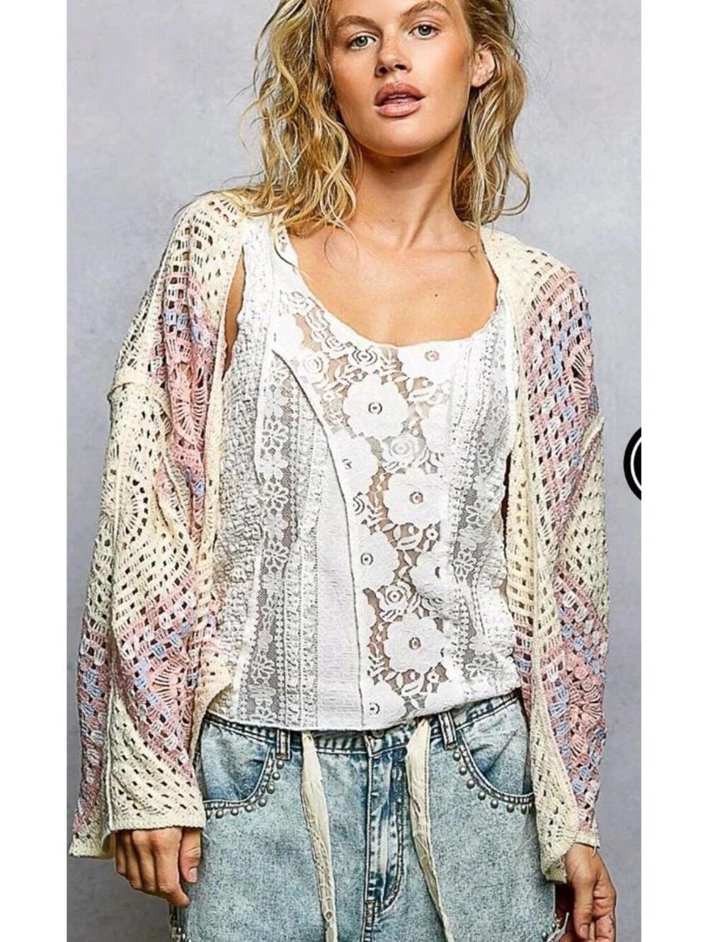 POL Open Front Crochet Cardigan With Granny Square Pattern One Size Pink Ivory